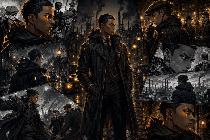 A dark, noir-style comic collage features a sharply dressed figure in a long coat and tie standing in a rain-soaked, industrial Victorian-era cityscape, with multiple panels showing close-ups of the character's intense expressions. The moody, cinematic artwork pairs with the "Good Morning CT" Sunday post as a dramatic, atmospheric greeting.