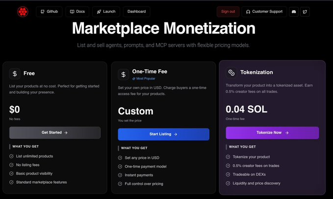 A pricing page titled "Marketplace Monetization" displaying three tiers: a Free option at $0, a One-Time Fee option with custom USD pricing, and Tokenization for 0.04 SOL, which converts products into tradeable on-chain assets with 0.5% creator fees. The image directly illustrates the post's description of swarms marketplace's three monetization models, highlighting tokenization as the standout feature.