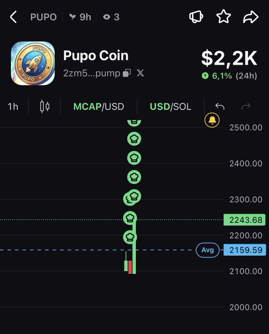 A cryptocurrency price chart for 'Pupo Coin' (PUPO) showing a market cap of $2.2K, up 6.1% in 24 hours, with an average price indicator at 2159.59.