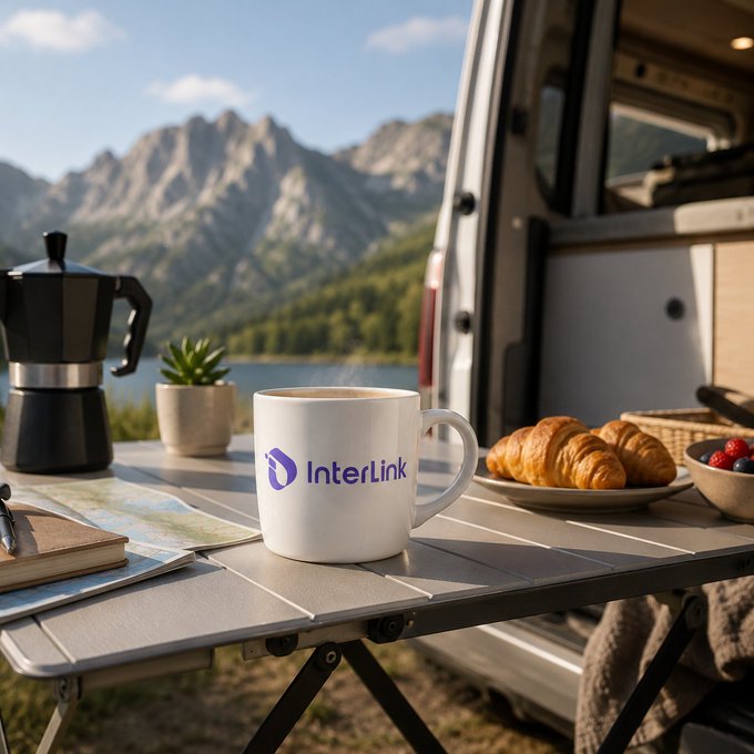 A steaming cup of coffee branded with the "InterLink" logo sits on a fold-out table outside an RV, accompanied by croissants, a moka pot, and a scenic mountain lake backdrop—evoking the relaxed, adventurous lifestyle of "GM Linkers" enjoying a mobile morning routine.