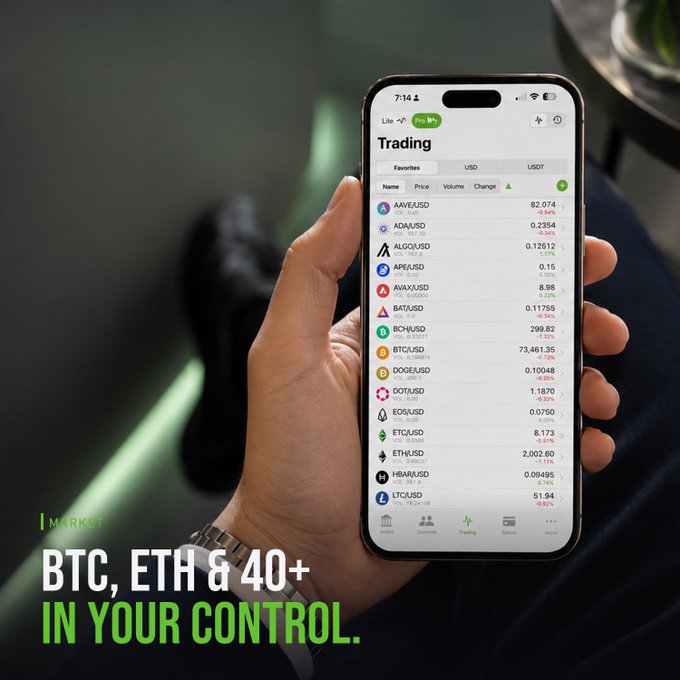 A promotional image showing a hand holding a smartphone displaying a cryptocurrency trading app with listings for AAVE, ADA, ALGO, APE, AVAX, BAT, BCH, BTC, DOGE, DOT, EOS, ETC, ETH, HBAR, and LTC; the ad text reads 'MARKET BTC, ETH & 40+ IN YOUR CONTROL.'
