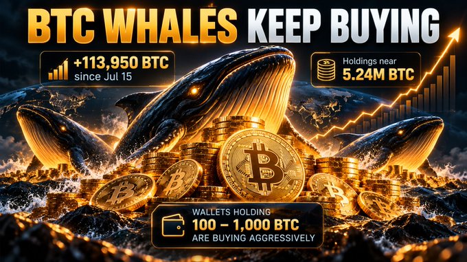 A promotional graphic titled 'BTC WHALES KEEP BUYING' shows whales rising from golden waves with Bitcoin coins, highlighting +113,950 BTC accumulated since July 15, holdings near 5.24M BTC, and wallets holding 100-1,000 BTC buying aggressively.