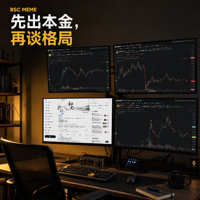 A dark workspace with four monitors displaying cryptocurrency charts, overlaid with the text "BSC MEME 先出本金, 再谈格局" (roughly translating to 'First invest the principal, then talk about the big picture').