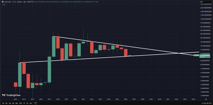 A TradingView chart showing Litecoin (LTC/USD) on a monthly timeframe, displaying candlestick patterns with a symmetrical triangle formation in white lines converging around 2026-2027, with prices around 40-60 USD.