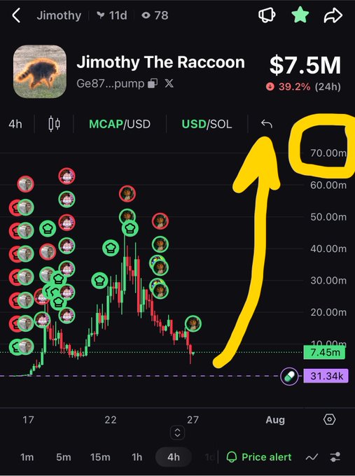 A mobile screenshot of a trading chart for the meme token 'Jimothy The Raccoon' (Ge87...pump) on a Solana-based platform, showing a $7.5M market cap with a 39.2% 24-hour decline and a hand-drawn yellow arrow pointing to an empty box near the 70.00m price level.