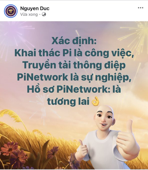 The image is a Vietnamese-language motivational graphic featuring a 3D animated character giving a thumbs-up against a sunset field backdrop with fireworks. The text reads: "Xác định: Khai thác Pi là công việc, Truyền tải thông điệp PiNetwork là sự nghiệp, Hồ sơ PiNetwork: là tương lai" (Translation: "Determine: Mining Pi is a job, Spreading the PiNetwork message is a career, PiNetwork profile: is the future"), posted by Nguyen Duc. The image reinforces the post's message by framing Pi Network participation as both a profession and a long-term future investment rather than just speculative value.