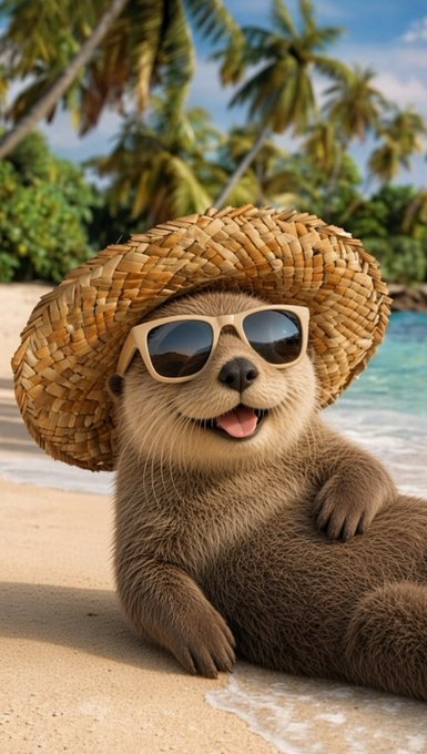 An AI-generated image of a cute sloth wearing a straw hat and sunglasses, smiling while relaxing on a tropical beach with palm trees and turquoise water.