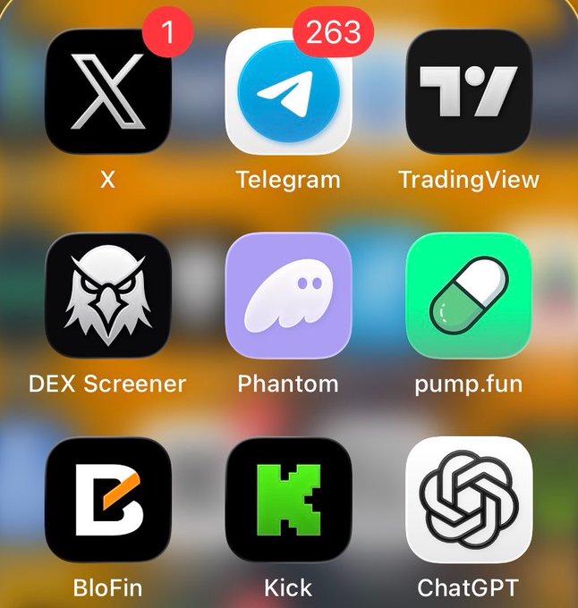 The image displays a smartphone home screen featuring nine apps arranged in a 3x3 grid: X (1 notification), Telegram (263 notifications), TradingView, DEX Screener, Phantom, pump.fun, BloFin, Kick, and ChatGPT—reflecting a crypto trading toolkit. This aligns with the caption by showcasing trading, analytics, messaging, and AI apps framed as essential tools for building wealth in the coming months.