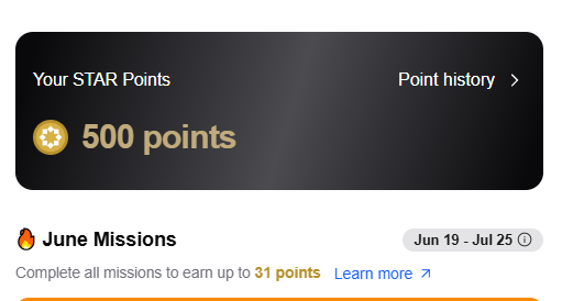 A screenshot shows "Your STAR Points" balance of 500 points alongside a "June Missions" banner indicating users can earn up to 31 points between Jun 19 - Jul 25. The image illustrates the user reaching the 500 STAR Points milestone on Startale, as mentioned in the accompanying post.