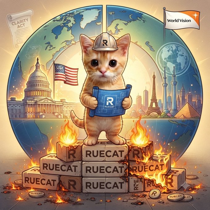 A digital illustration featuring a kitten wearing an 'R' cap standing on burning 'RUECAT' blocks while holding a blueprint with the 'R' logo, set against a backdrop of global landmarks.