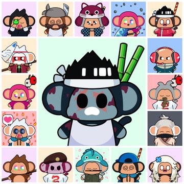 A collage features various cartoon character avatars, including a mouse in a martial arts outfit, a monkey with a wrench, and other stylized animal figures.