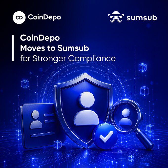 A promotional graphic announcing 'CoinDepo Moves to Sumsub for Stronger Compliance', featuring digital icons of a user profile, security shield, verification checkmark, and magnifying glass.
