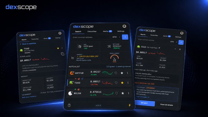 A promotional image for the 'dexscope' cryptocurrency tracking app, displaying three phone screens with crypto watchlists including TOAD (-2.50%), QNT, and ANT, along with market data on Ethereum.