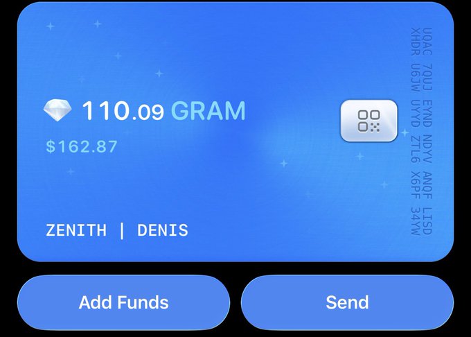 The image shows a digital wallet card displaying a balance of "110.09 GRAM" valued at "$162.87," with the names "ZENITH | DENIS" and an ID number "X6DF 34WW," along with "Add Funds" and "Send" buttons. This appears to illustrate a Gram wallet interface, aligning with the post's offer to send Gram cryptocurrency to activate users' wallets.