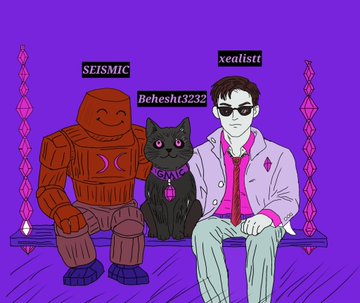 A pixel art illustration on a purple background showing three characters sitting on a bench: an orange robot labeled 'SEISMIC', a black cat labeled 'Behesht3232', and a person with sunglasses labeled 'xealistt'.