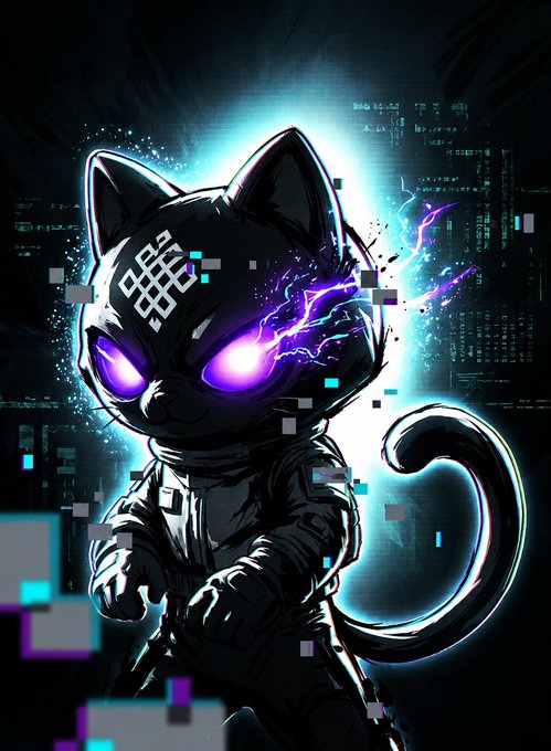 A stylized digital artwork of a futuristic black cat character with glowing purple eyes, surrounded by glitch effects, purple lightning, and a neon city background.