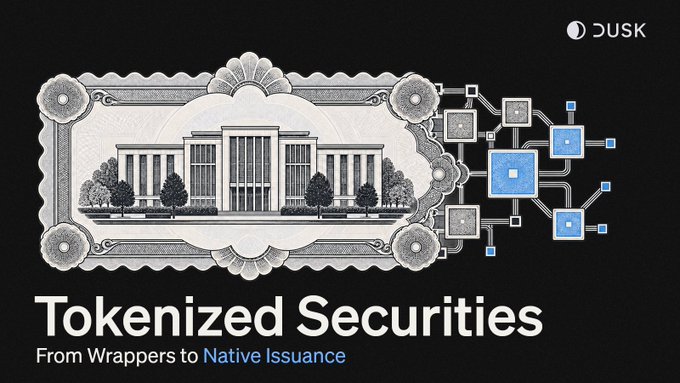 The image is a promotional graphic featuring a stylized illustration of a classical bank-like building on a decorative certificate or bond, transitioning into a blockchain network diagram with interconnected blue nodes, set against a black background. It includes the "DUSK" logo in the top right and the headline "Tokenized Securities: From Wrappers to Native Issuance," visually representing the shift from traditional financial instruments (depicted by the ornate building) to blockchain-based native tokenization (shown through the digital network), aligning with the post's message about evolving onchain finance.