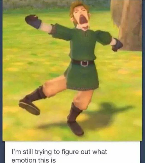 An animated character in green medieval clothing appears to be screaming or yelling with arms outstretched in a meadow, captioned 'I'm still trying to figure out what emotion this is'.