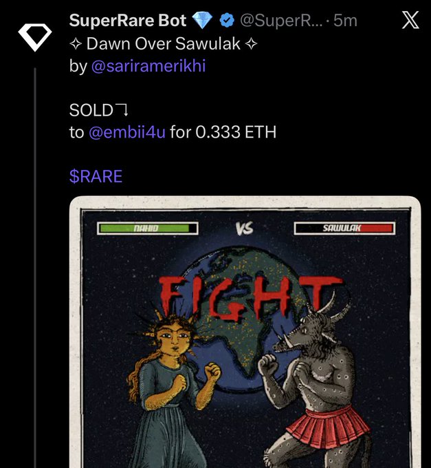 A tweet from SuperRare Bot announcing the sale of the NFT 'Dawn Over Sawulak' by @sariramerikhi to @embii4u for 0.333 ETH, accompanied by artwork of Lady Liberty fighting a dragon-like Sawulak over Earth.