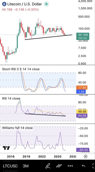The image shows a TradingView chart of Litecoin (LTCUSD) on a 3-month timeframe, displaying a candlestick price chart at $44.168 (-0.33%) alongside three oscillator panels: Stochastic RSI (3,3,14,14) at 17.95/1.34, RSI 14 close at 49.58/44.59, and Williams %R 14 close at -95.50. The extremely low Williams %R reading of -95.50 visually supports the post's claim of Litecoin being at its most oversold level ever on this indicator, with the oscillators showing potential bullish divergence signals that align with the poster's anticipated reversal thesis.