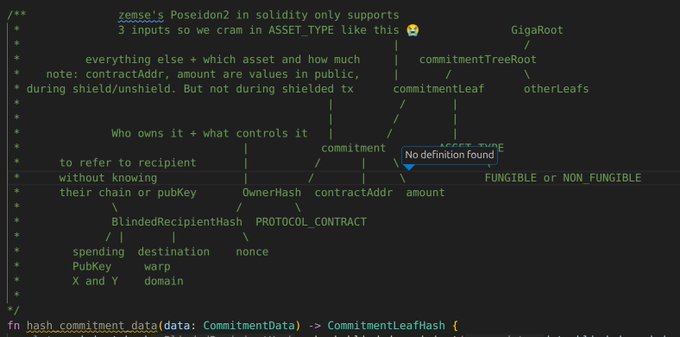 Code comments explaining a Poseidon2 hash commitment structure with annotations pointing to fields like 'commitment', 'OwnerHash', 'contractAddr', 'amount', and 'BlindedRecipientHash' for a shielded protocol contract.