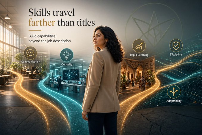 A woman in a tan blazer stands facing forward in a digital composite image with the heading 'Skills travel farther than titles - Build capabilities beyond the job description', surrounded by icons for Communication, Curiosity, Rapid Learning, Discipline, and Adaptability.