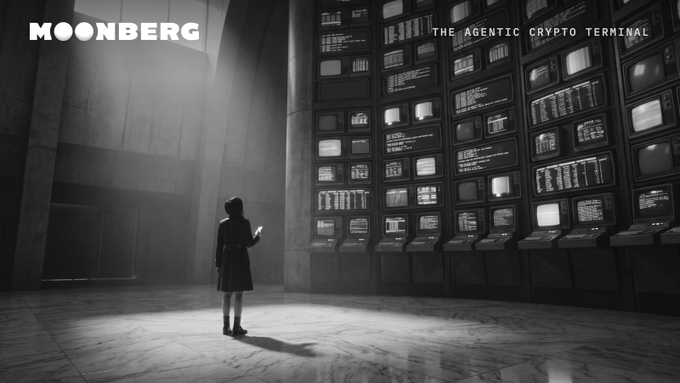 A lone figure stands in a vast concrete hall, gazing up at an imposing wall of glowing data terminals labeled "MOONBERG — THE AGENTIC CRYPTO TERMINAL," symbolizing the democratization of institutional-grade market intelligence once exclusive to well-funded traders. The image reinforces the post's message of leveling the playing field for everyday crypto participants.