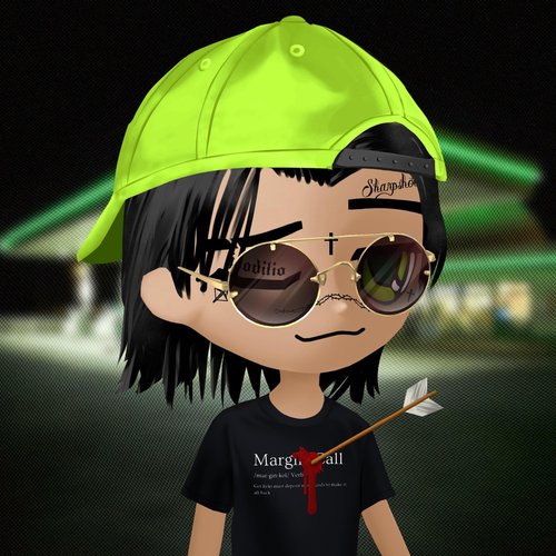 A stylized cartoon avatar wearing a neon green cap, gold-tinted sunglasses, and a black "Margin Call" t-shirt holds an arrow, referencing the post's playful suggestion that Vlad Tenev making hoodilios's NFT his profile picture would signal the start of a crypto bull run led by Robinhood.