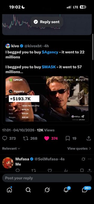 A Twitter/X screenshot shows a post from kivo (@kivoxht) bragging about gains on crypto tokens $AGENCY and $MASK, claiming $AGENCY hit "22 millions" and $MASK hit "57 millions," alongside an image of a $193.7K portfolio with 70% in Agency and 29.6% in Mask. Below it, user Mufasa (@SolMufasa) replied simply "Me," suggesting shared excitement or agreement with the post—though the caption's accompanying text appears to be an unrelated Solana wallet address.