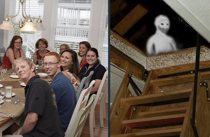 A split image showing a group of people smiling at a dining table on the left, and a ghostly figure in an attic with wooden beams on the right.