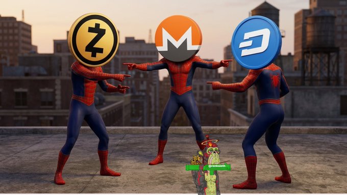 Humorous image showing three Spider-Man characters pointing at each other in the 'pointing Spider-Man meme' style, with their heads replaced by cryptocurrency coin logos (Zcash/ZEC in gold, Monero/XMR in orange, and Dash/D in blue), set against a New York City rooftop backdrop.