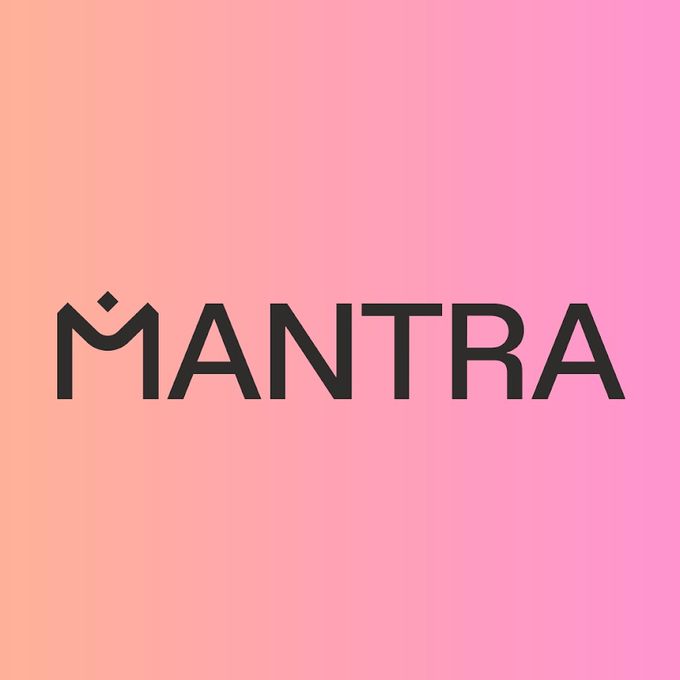 A minimalist logo graphic featuring the word "MANTRA" in black text against a gradient pink and orange background.