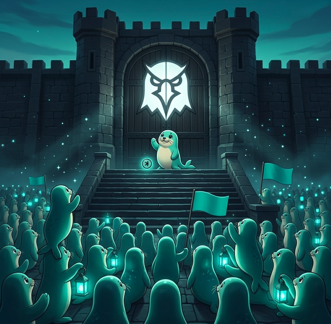 A cartoon illustration depicting a cute seal character standing on castle steps in front of a large door featuring an owl logo, surrounded by a crowd of similar seal creatures holding lanterns and flags in a dark, magical setting.
