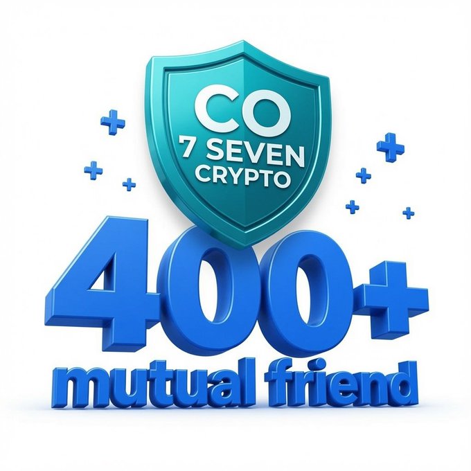 A promotional graphic featuring a blue shield logo with "CO 7 SEVEN CRYPTO" above large blue 3D text reading "400+ mutual friend".