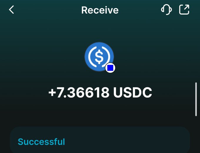 A mobile app 'Receive' screen showing a successful incoming transfer of +7.36618 USDC, with the USDC token icon displayed prominently above the amount.