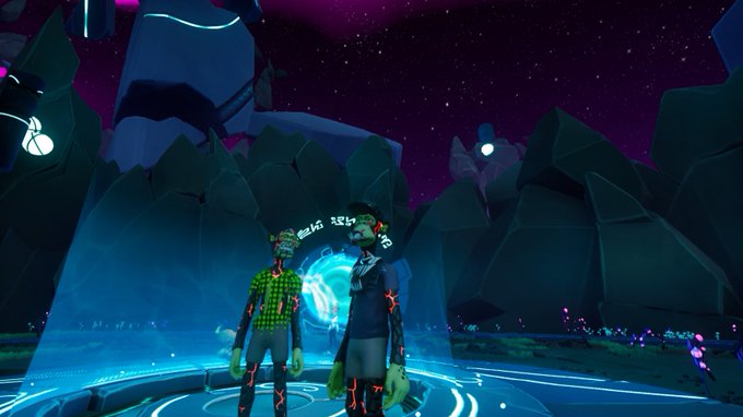 Two mutant characters stand on a glowing platform against a cosmic backdrop with rocky formations, capturing a scene from the "Mutant Monday Ep. 28" event celebrating the next evolution of Cartel membership with EBTroubadour.