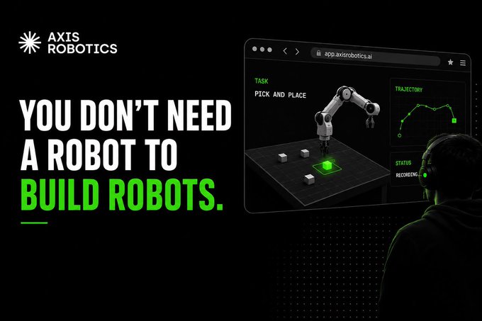 A promotional banner for Axis Robotics featuring the tagline 'YOU DON'T NEED A ROBOT TO BUILD ROBOTS.' alongside a person wearing headphones viewing a pick-and-place robot arm simulation on a tablet.