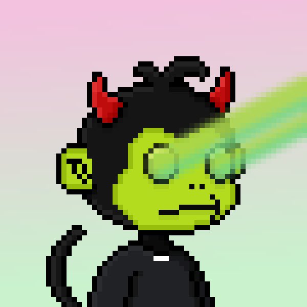 A pixel art image of a green-skinned devil character with red horns shooting green laser beams from his eyes, matching the promo post's invitation to drop wallets for a guaranteed @MonkeyHoodNFT spot.