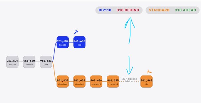 A git fork diagram illustrating that BIP-110 is 310 blocks behind while the standard chain is 310 blocks ahead of the BIP-110 tip (961,633), showing shared blocks 961,629–961,631 before the fork split into parallel chains leading to 961,943 on the standard side and 961,633 on the BIP-110 side, with 307 hidden blocks between them.