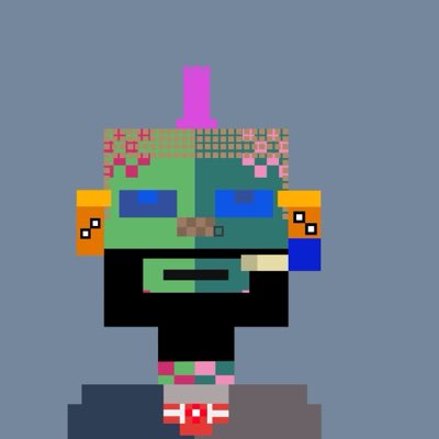A pixel art drawing on a gray background depicting a green-skinned figure with blue sunglasses, a pink mohawk, ear gauges, and a cigarette.