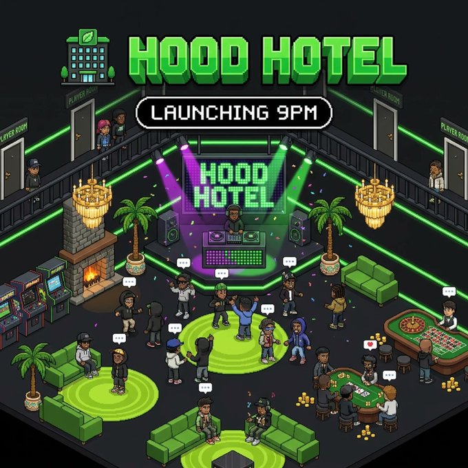 A promotional pixel-art graphic for 'HOOD HOTEL' announcing 'LAUNCHING 9PM,' depicting a club scene with a DJ, arcade machines, and guests.