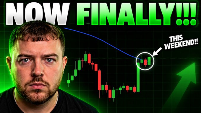 A YouTube thumbnail featuring a serious-looking man in front of a green candlestick chart with a circled area labeled "THIS WEEKEND!!" and bold text "NOW FINALLY!!!" promoting a Bitcoin video claiming a historic weekend event.