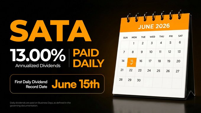 The image features a calendar for Sata, with its title in orange at the top. Below the title are words related to an annualized dividend, such as "annual dividends paid daily" written in bold letters. The bottom part of the calendar displays information about the date and the time it is being published. In the bottom right corner of the image, there is a small illustration of a calculator with the numbers 13.00% and 15.00% displayed on it. This could be an indication that this post is related to the days until the first daily dividend payment or the percentage increase in the annual dividends compared to the previous year's payment.