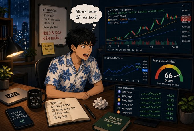 An illustrated scene of a young trader at his desk looking concerned, with Vietnamese text questioning 'Altcoin season đến rồi sao?', surrounded by BTC charts, Fear & Greed Index at 66, and various altcoin performance metrics.