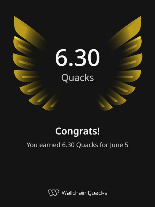 The image features an advertisement for Quacks, which is a cryptocurrency. The advertisement displays a gold-colored bird's wing design with the text "Congratulations! You earned 6.30 Quacks for June 5!". This indicates that the user has successfully completed a task or achieved something related to cryptocurrency trading within the given timeframe.