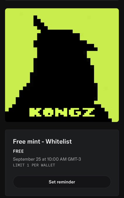 The image shows a "KONGZ" NFT free mint whitelist event on September 25 at 10:00 AM GMT-3, limited to 1 per wallet, featuring a pixelated gorilla silhouette in bright green and black. This serves as a promotional graphic for the giveaway mentioned in the post, which asks users to drop their EVM wallet and retweet to qualify for the free mint three days before launch.