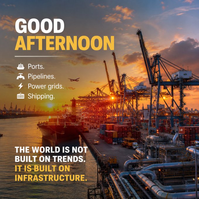 A motivational infographic with a port/shipping yard image at sunset, displaying 'GOOD AFTERNOON' and listing Ports, Pipelines, Power grids, and Shipping, with the tagline 'THE WORLD IS NOT BUILT ON TRENDS. IT IS BUILT ON INFRASTRUCTURE.'