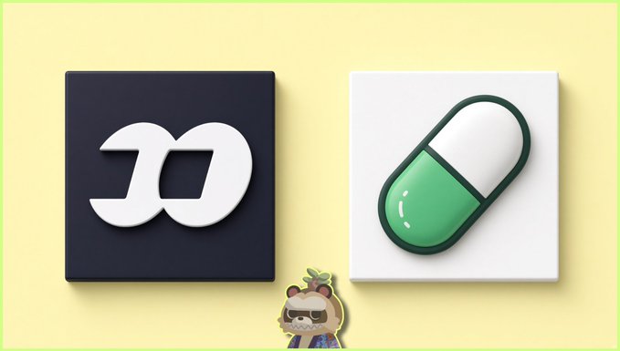 Two app icons displayed on a yellow background: the dark Django logo on the left and a green-and-white capsule/pill icon on the right, with a small cartoon character below.