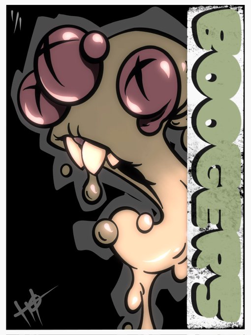 A stylized, cartoonish illustration of a glossy, slimy creature with large pink eyes and drooling mouth appears alongside the bold vertical text "GOOEY GOO." The artwork's playful, grotesque aesthetic matches the "ooey gooey booger people" theme of the post, suggesting a card-style design being considered for a collector's mint giveaway.