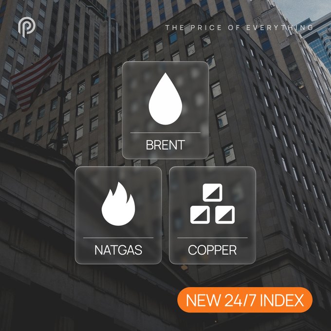 A promotional graphic featuring three icon tiles—Brent (oil drop), NatGas (flame), and Copper (bars)—displayed against a backdrop of urban skyscrapers with an American flag, alongside the text "THE PRICE OF EVERYTHING" and a "NEW 24/7 INDEX" badge. The image visualizes the launch of three new continuously-priced 24/7 Commodity Indices (BRENT, NATGAS, COPPER) on Pyth.